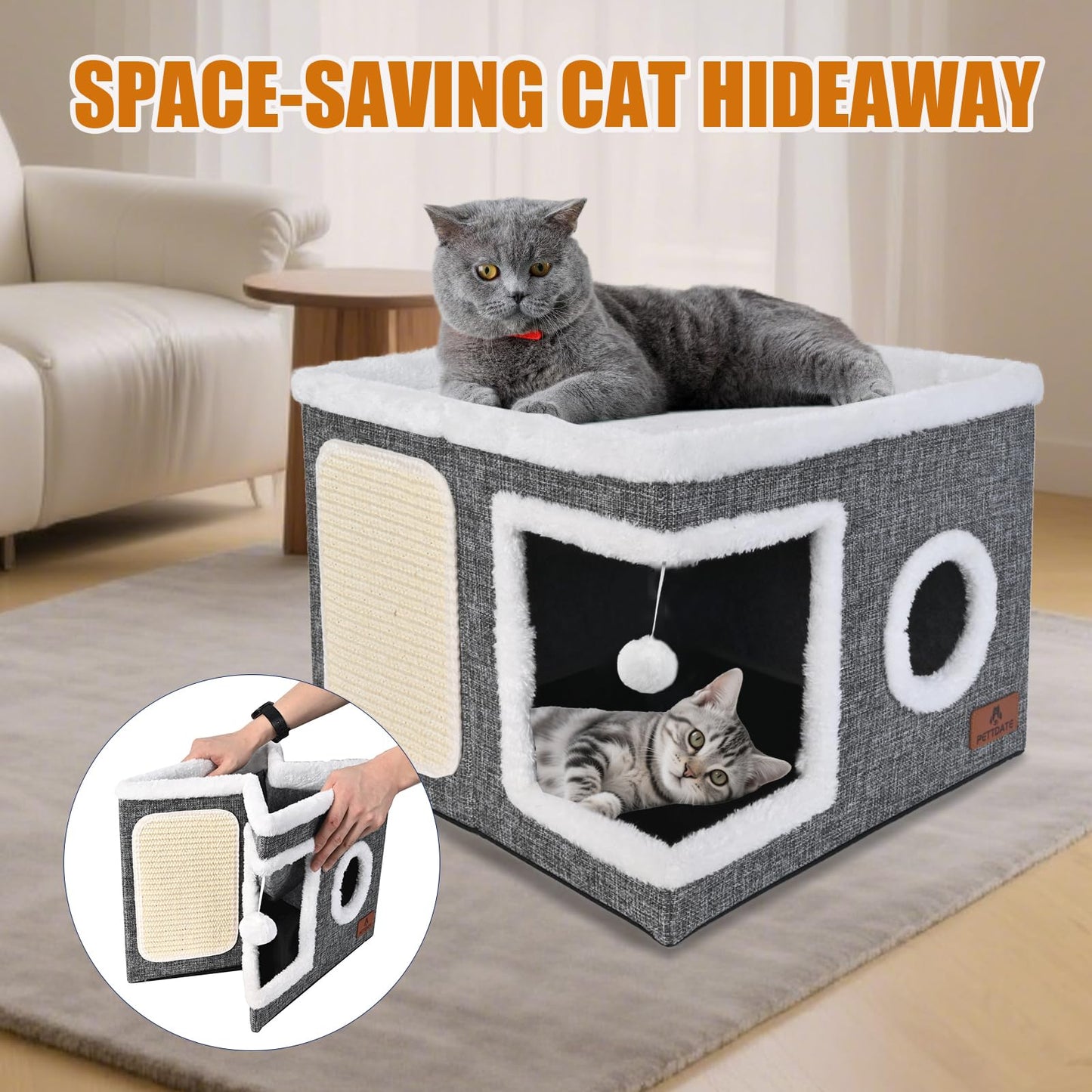 Cat Beds for Indoor Cats Foldable Cat Hideaway with Hanging Fluffy Bed
