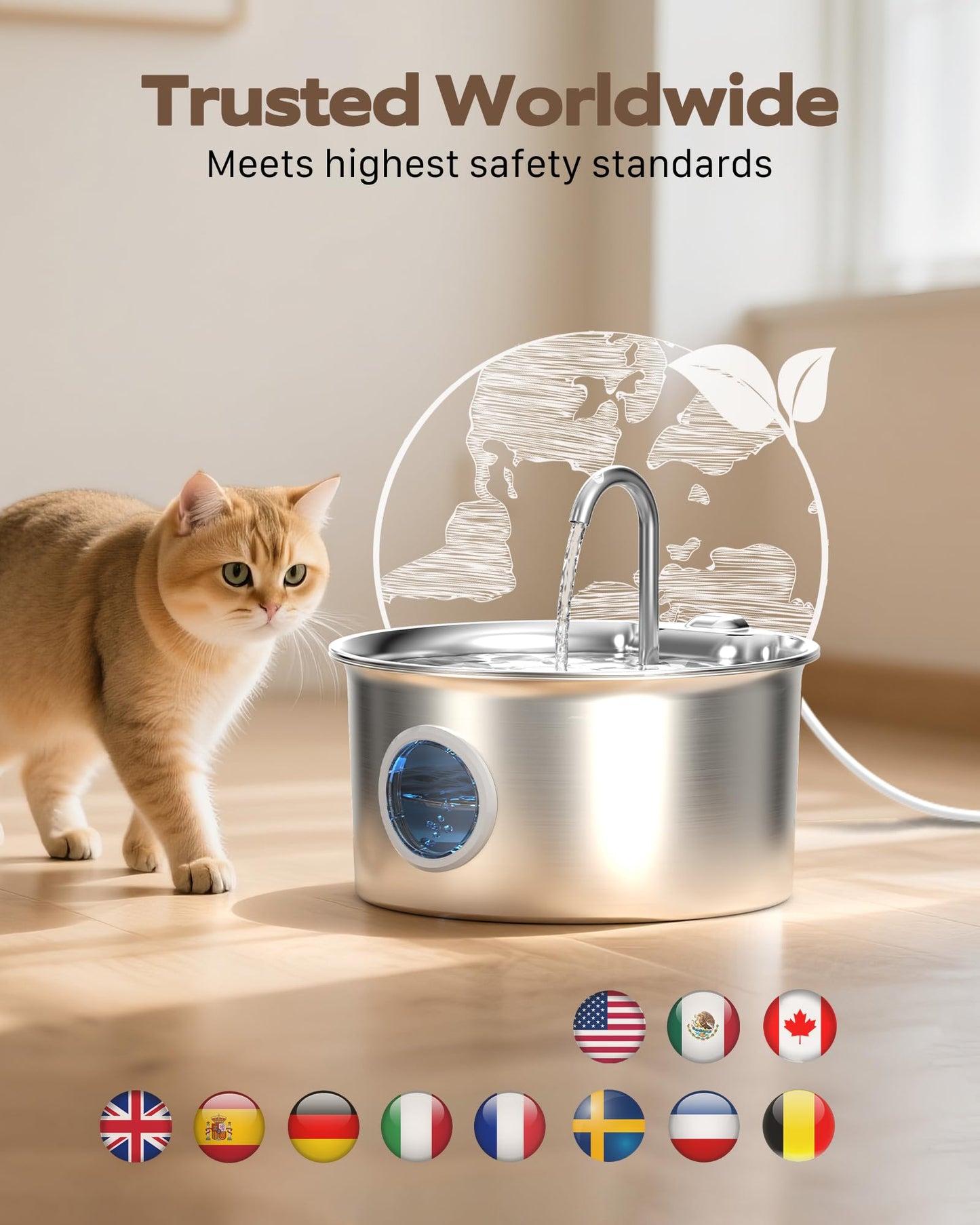 Stainless Steel Cat Water Fountain: Cat Fountain with 6 Filters + Bowl