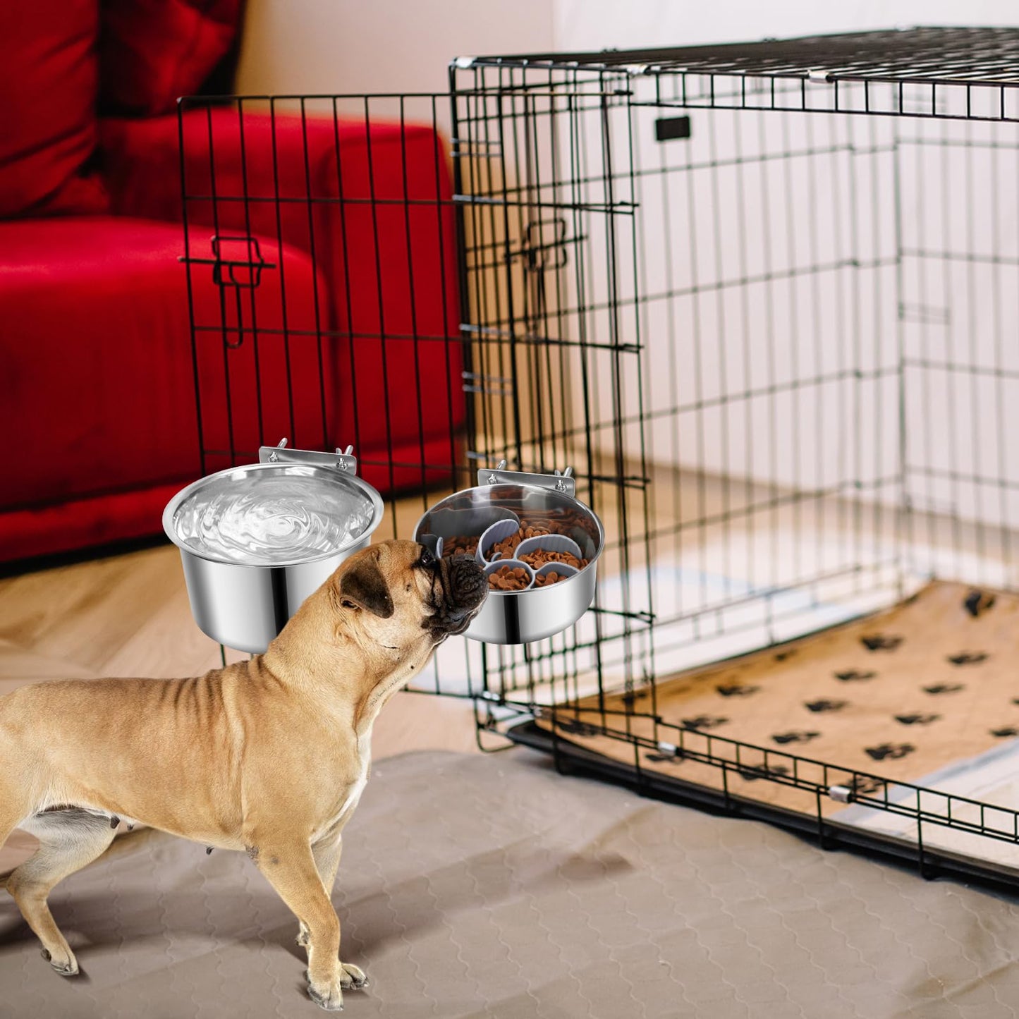 2 Pcs Large Pet Dog Food Water Bowl with Slow Feeder Insert for Cage