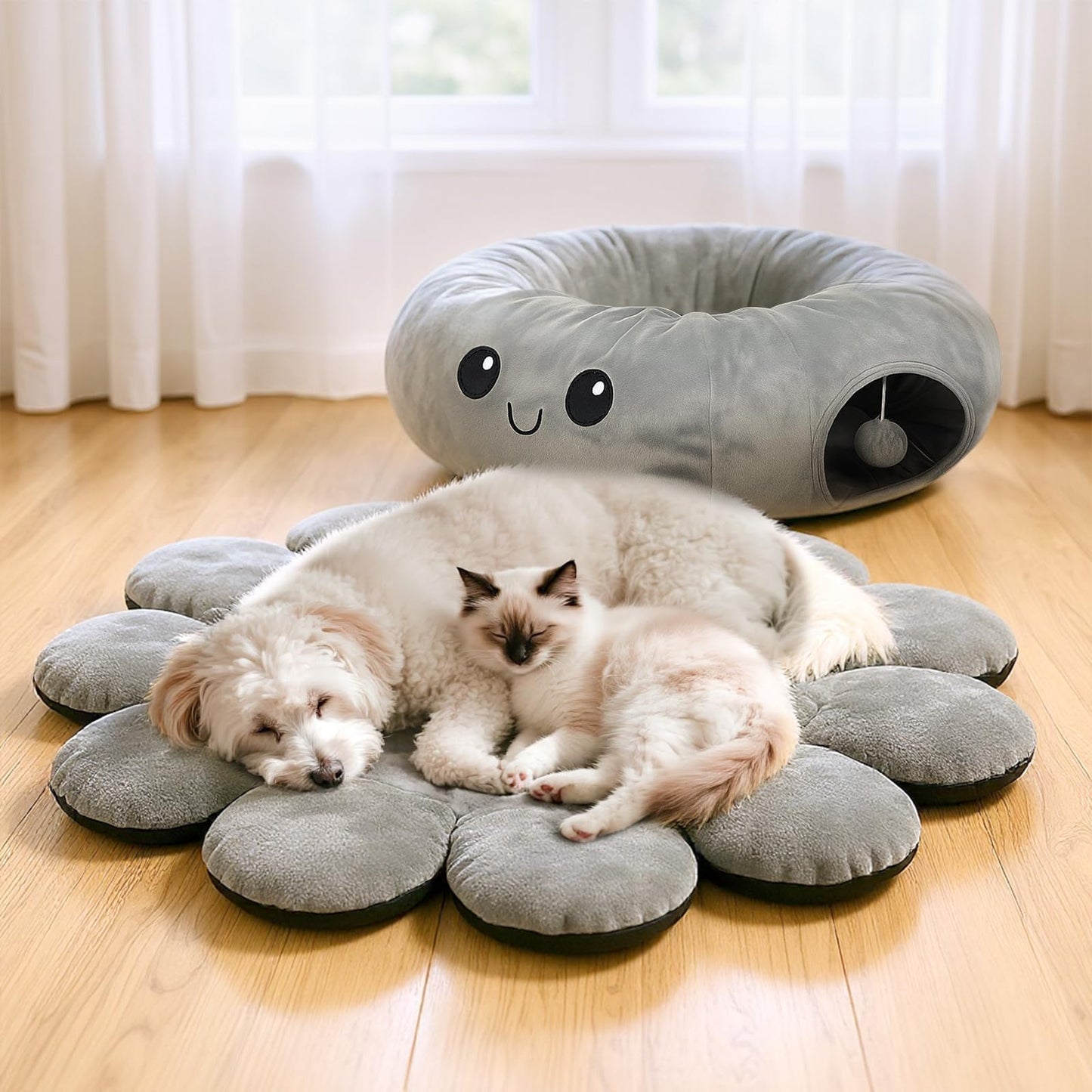VIEFIN Cat Tunnel Bed for Indoor Cats, Peekaboo Cat Cave Bed with Bed