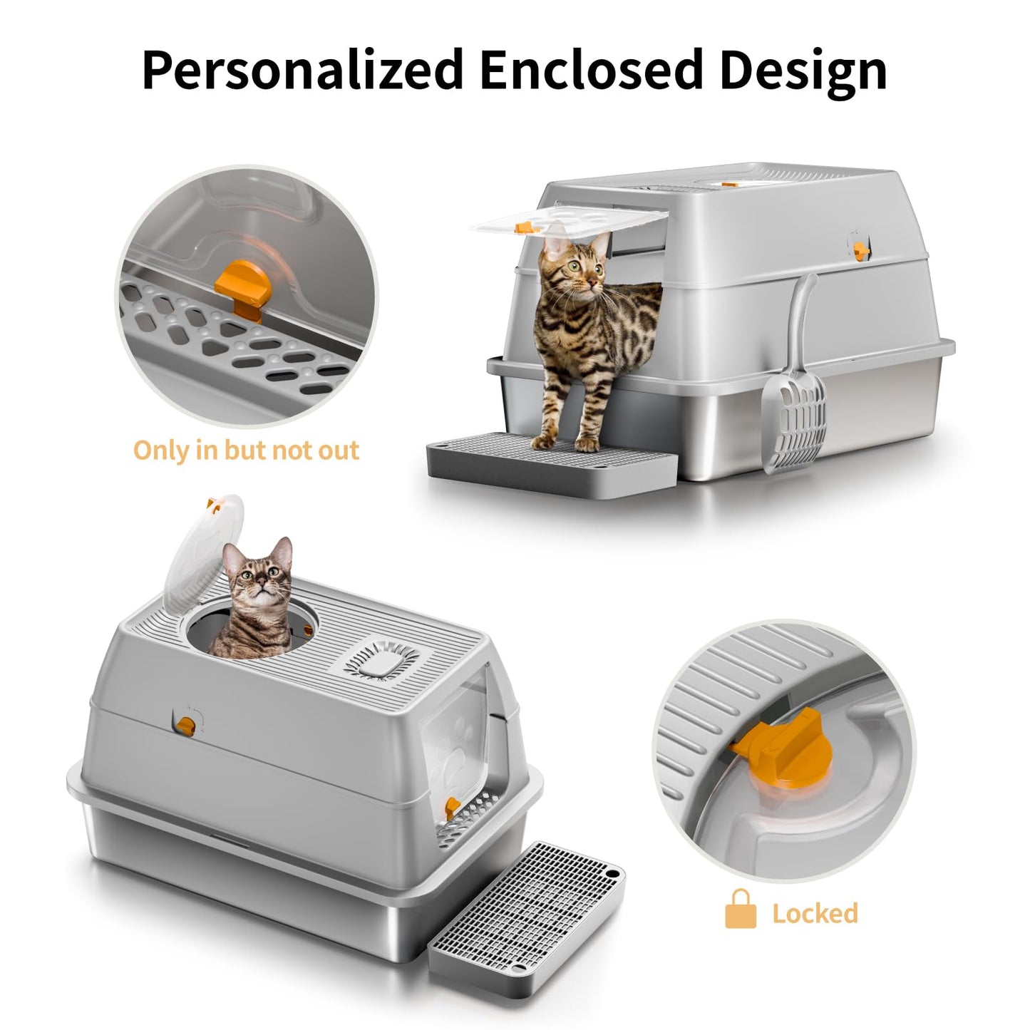 Eosarcu Stainless Steel Cat Litter Box with Lid, XL Large Enclosed Box
