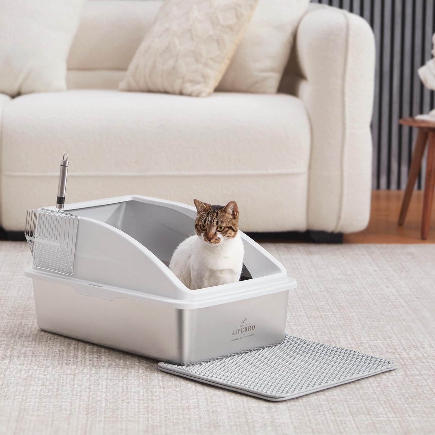 Stainless Steel Litter Box, XL Enclosed Cat Litter Boxes with Lid Mat