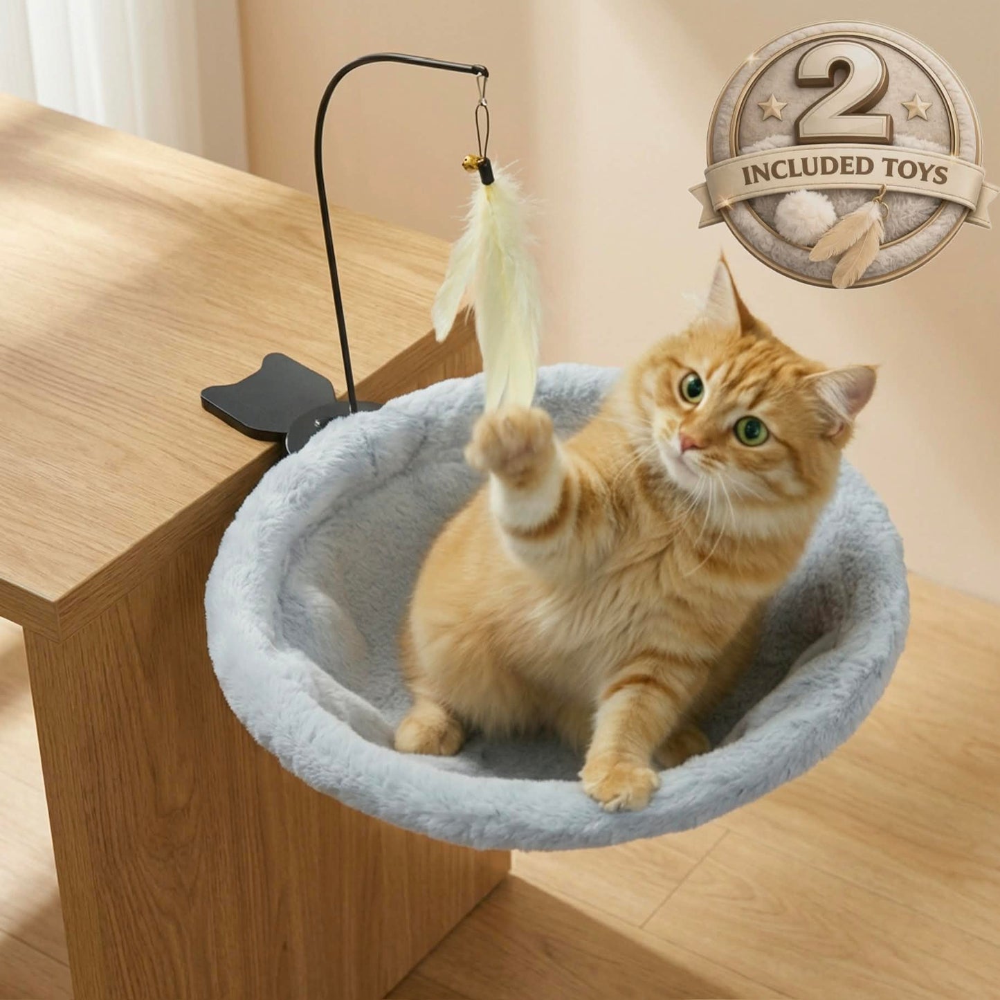 HAVENLOOM Cat Desk Bed for Home Office Plush Clamp-On Cat Hammock Ball