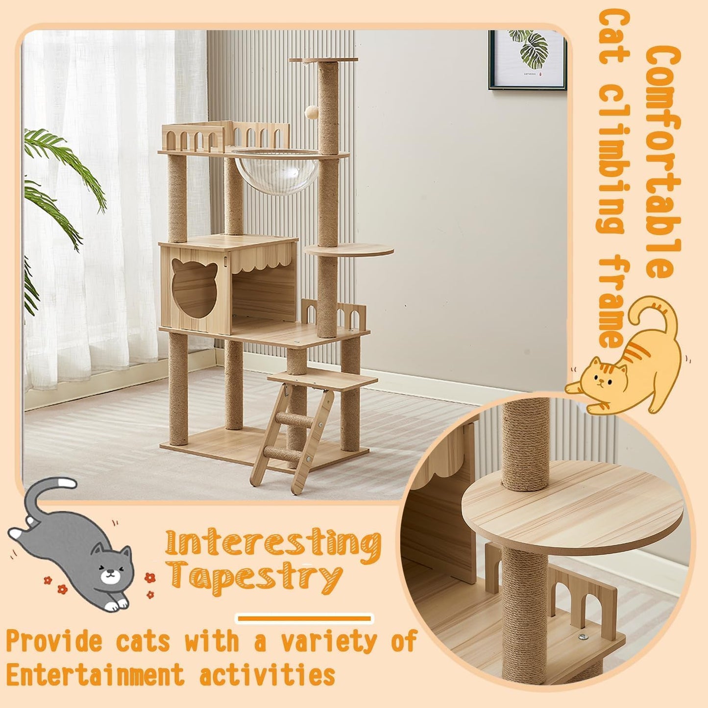 54-Inch Cat Tower,Multi-Level Pure Wood-Modern Cat Tree Tower Toy