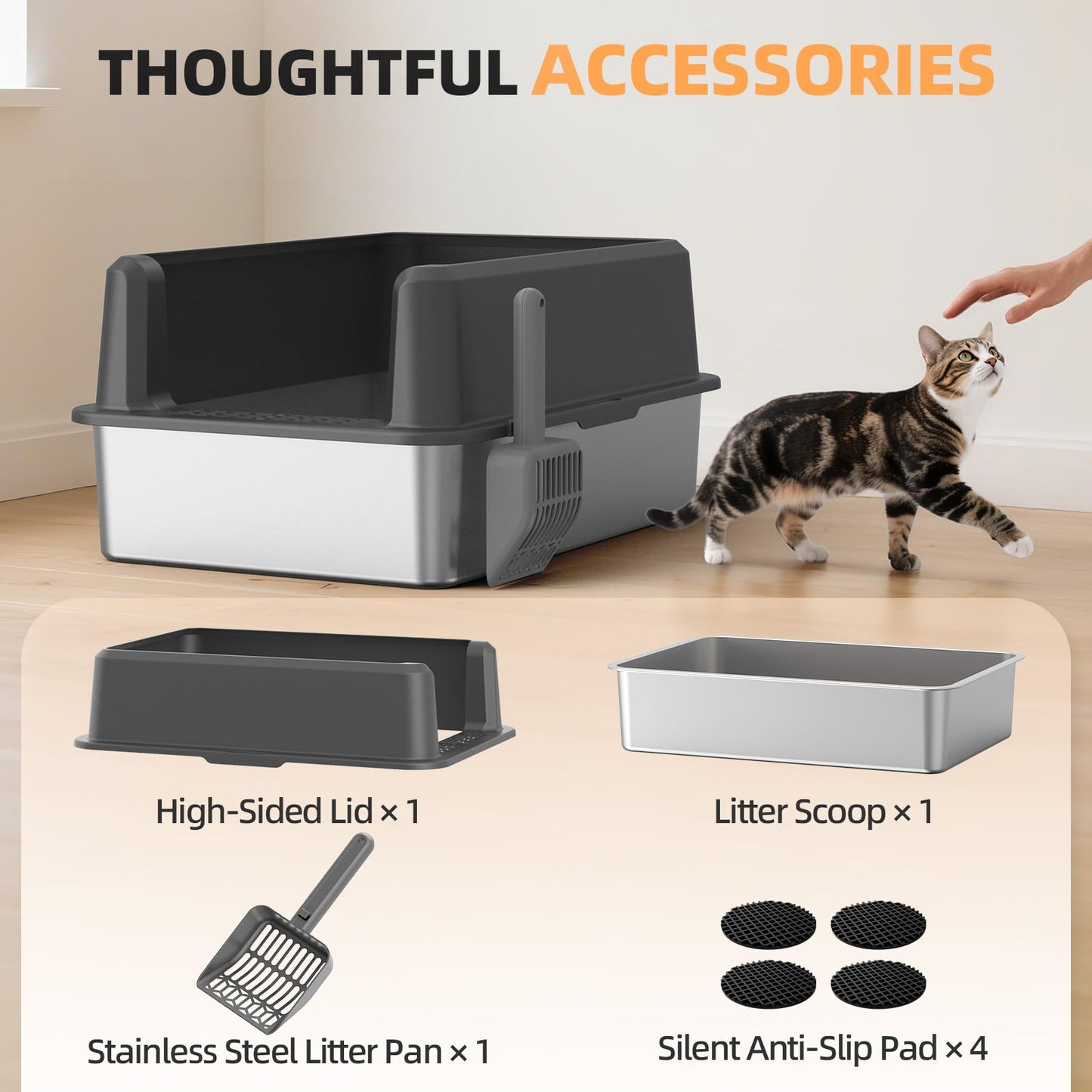 WoofiGo Enclosed Stainless Steel Cat Litter Box with Lid, XL Extra Box