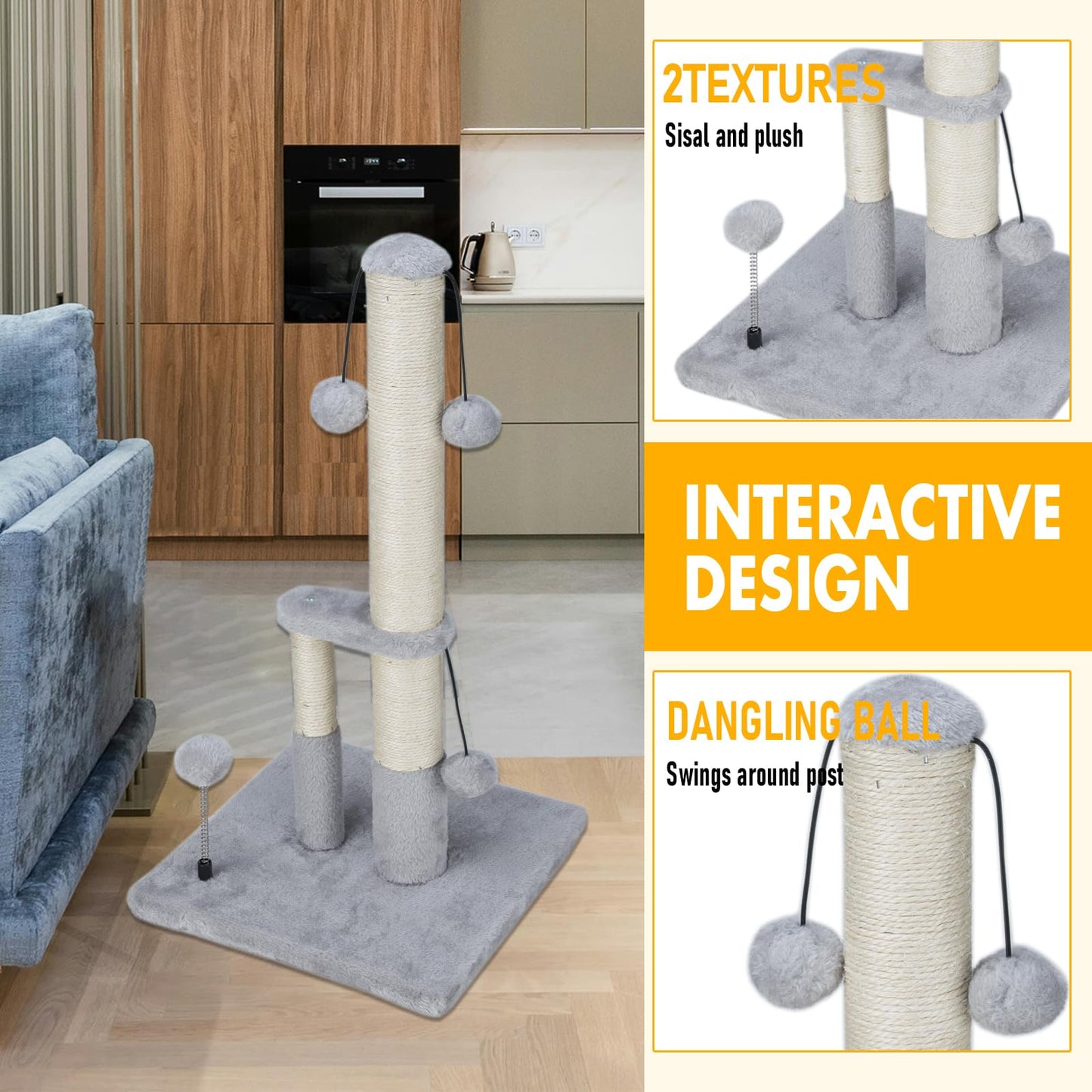 Dimaka Tall Cat Scratching Post, Double Lower Posts Extra Stable Posts