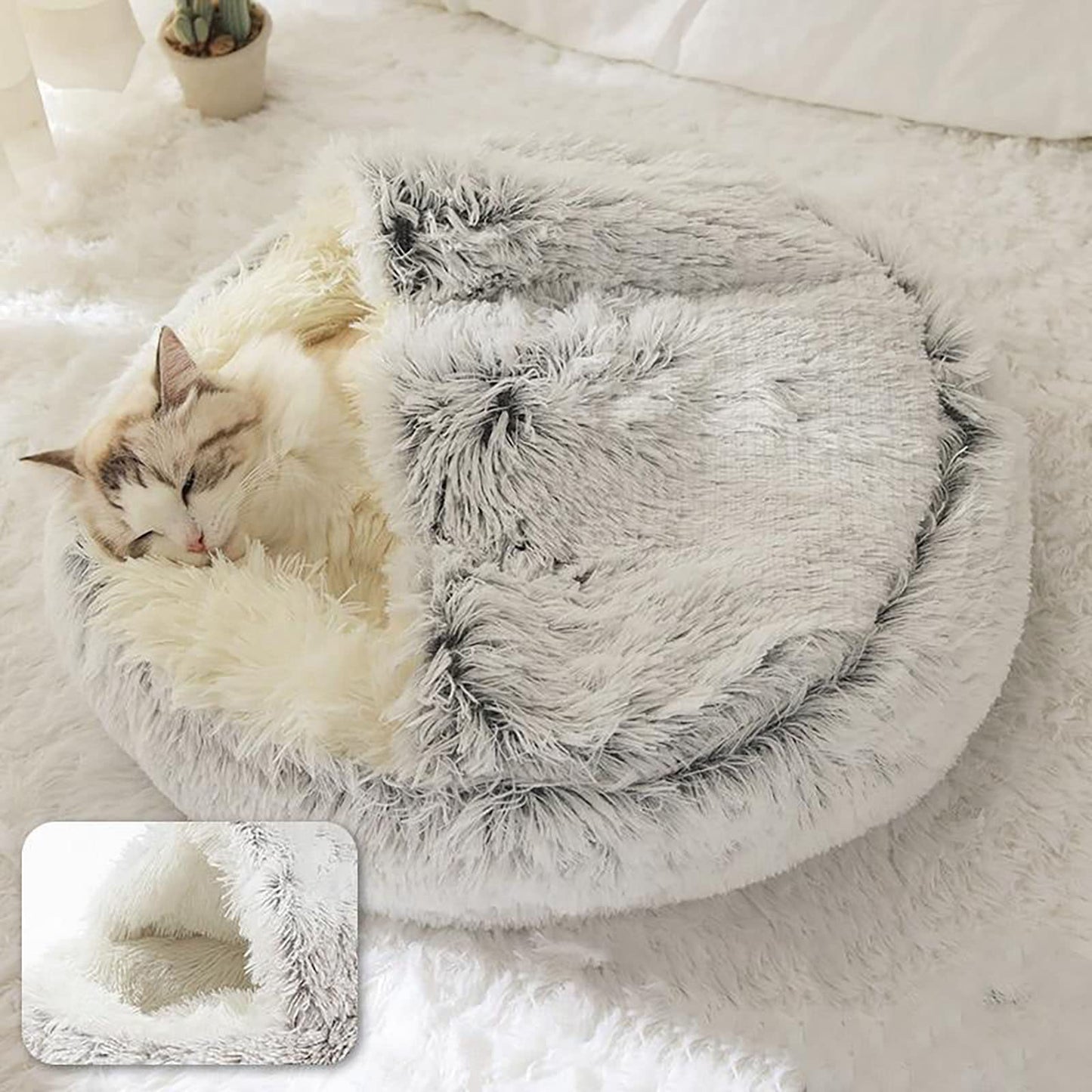 ShinHye Cozy Cat Bed Round Plush Fluffy Hooded Cave, Bed