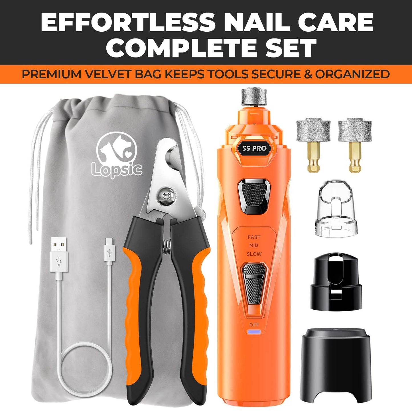 Whisper Quiet Dog Nail Grinder with 4 LED Lights, Safe Stress-Free Kit