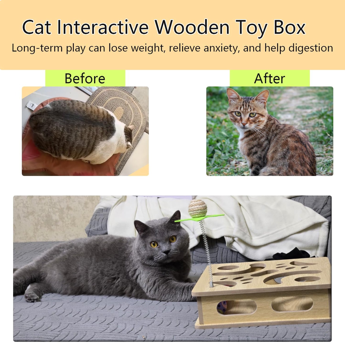 MUCAOL Interactive Wooden Cat Puzzle Toy Box Indoor Hunting Play Toy