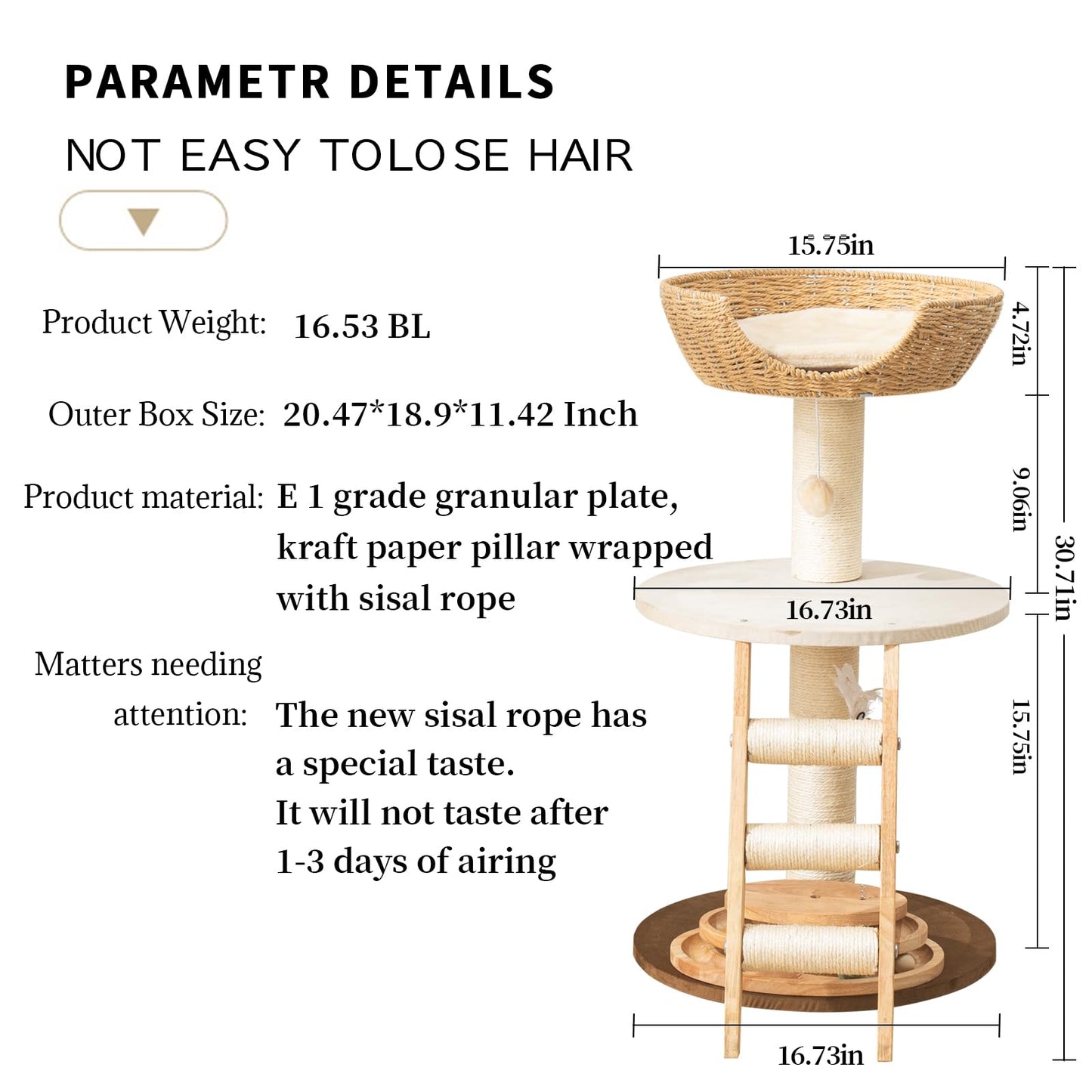 Natural Wood Modern Cat Tree with Top Cats Bed, Unique Cute Toy