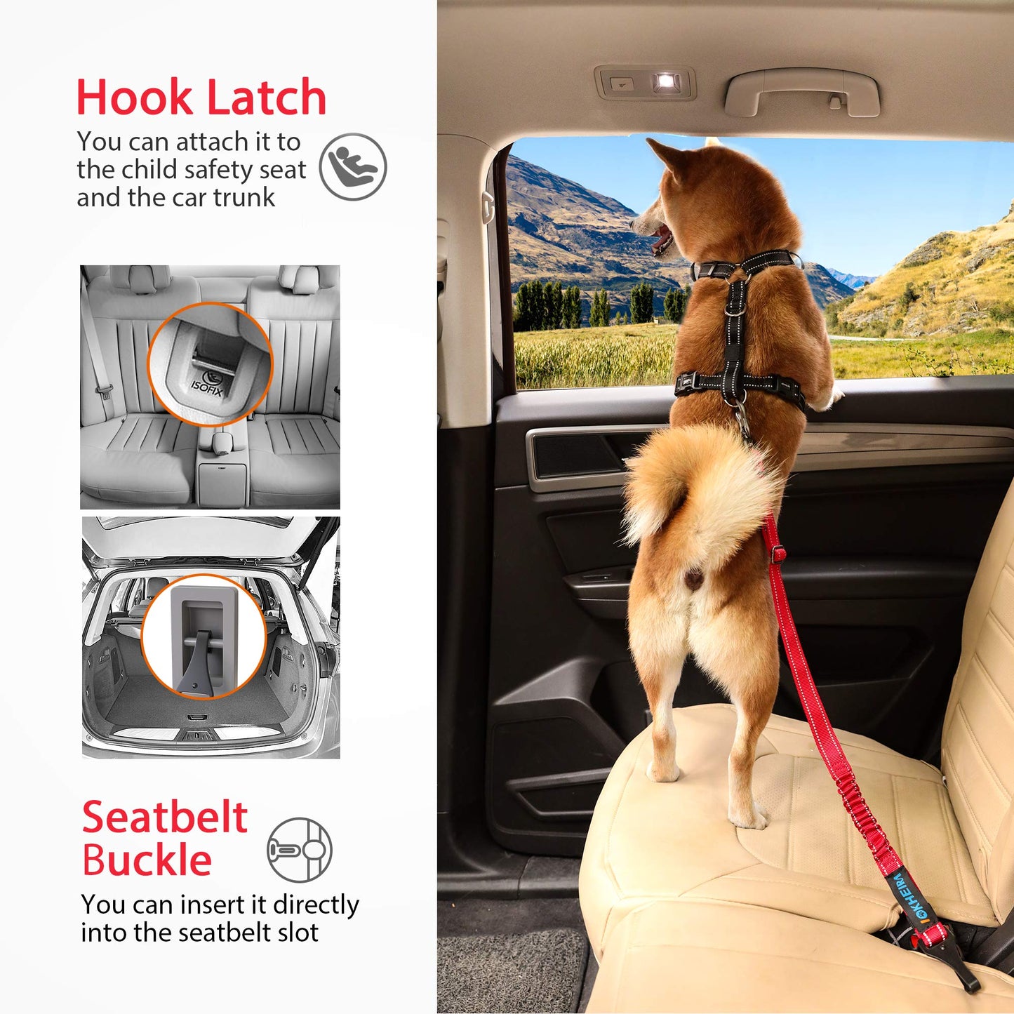 IOKHEIRA Dog Seatbelt, Updated Dog Seat Belt, Reflective Bungee Seat
