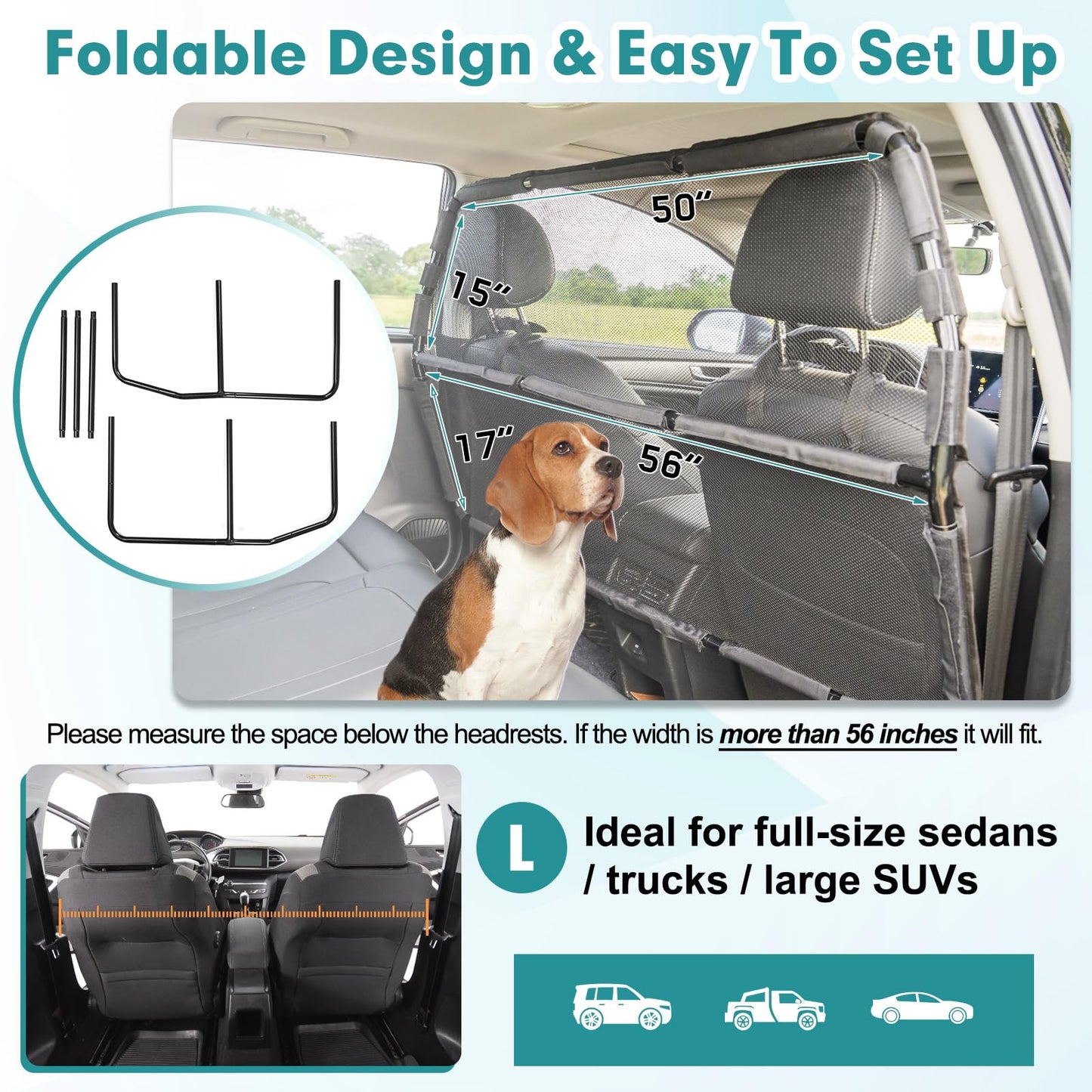 Dog Car Barrier Escape-Proof, 56" Wide Divider for 2nd 3rd Row Seat