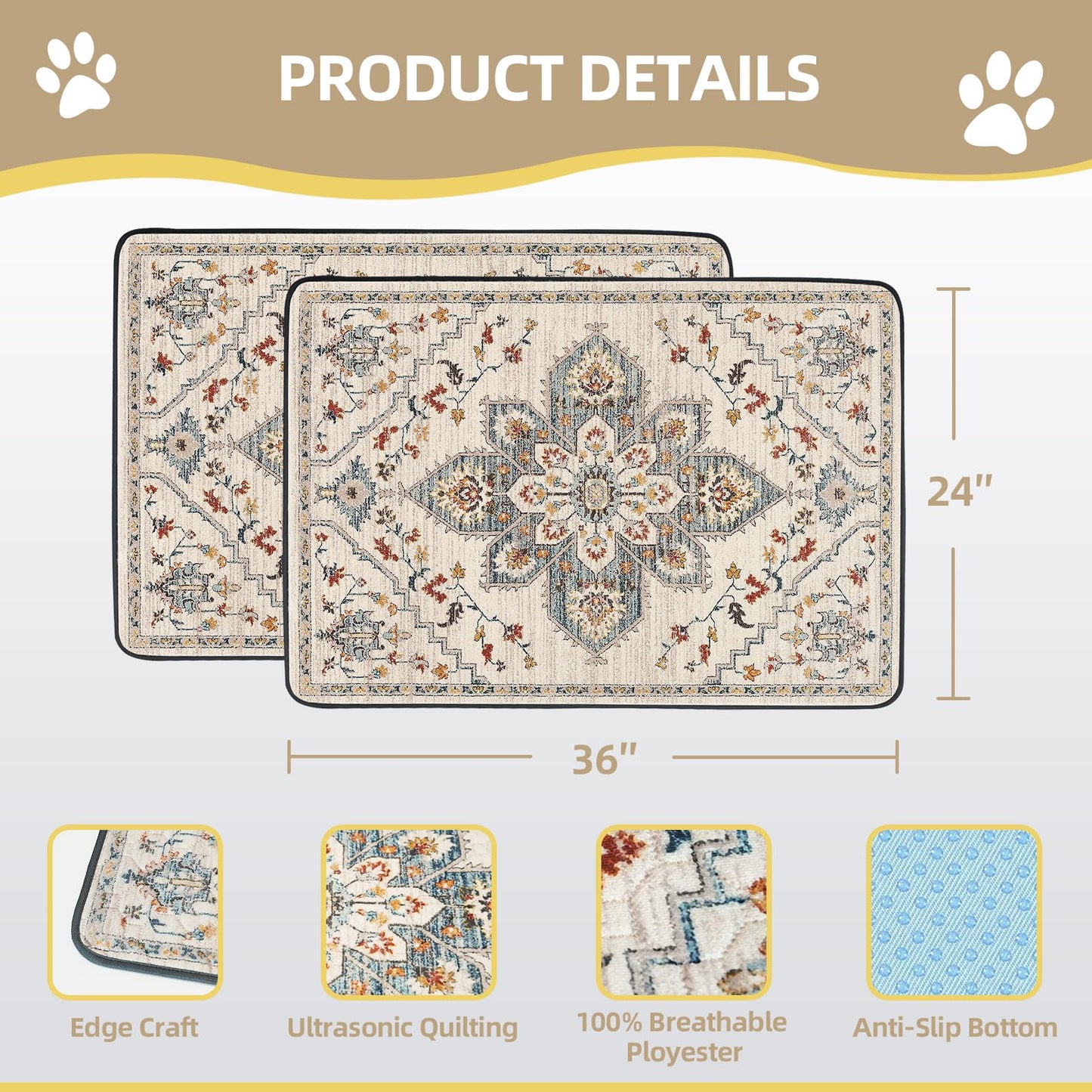 SCLOSE Washable Pee Pads for Dogs 2 Pack, 36" x 24" Reusable Puppy Mat