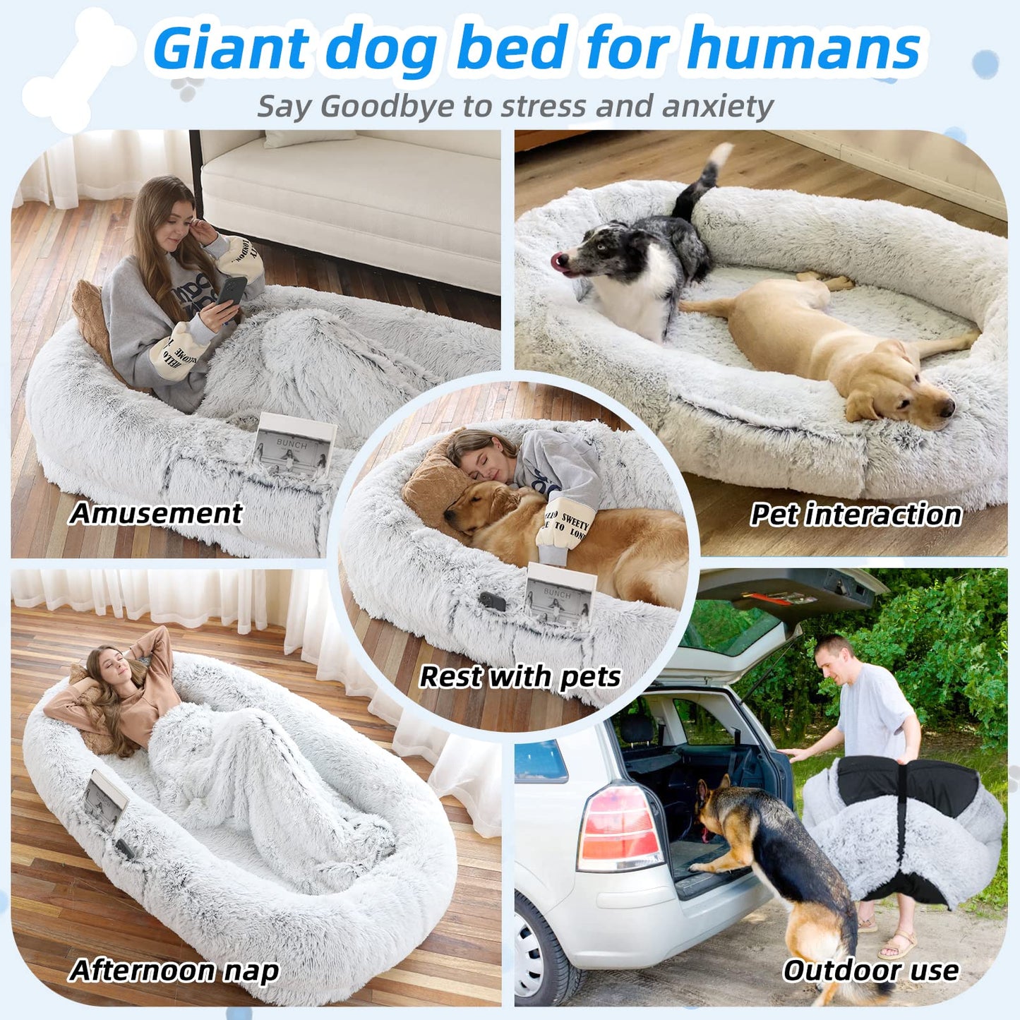 WROS Human Dog Bed x45"x12" Fits You Pets, Washable Faux Fur Bed