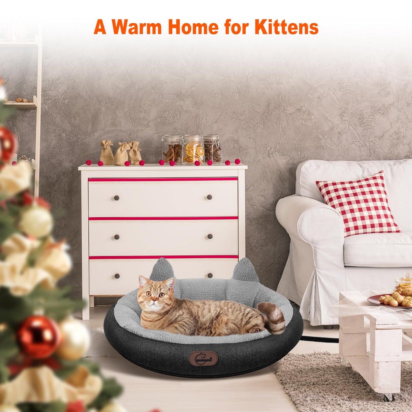 herehomi Heated Cat Bed for Small Size Cats, Heated Pet Bed with Bed