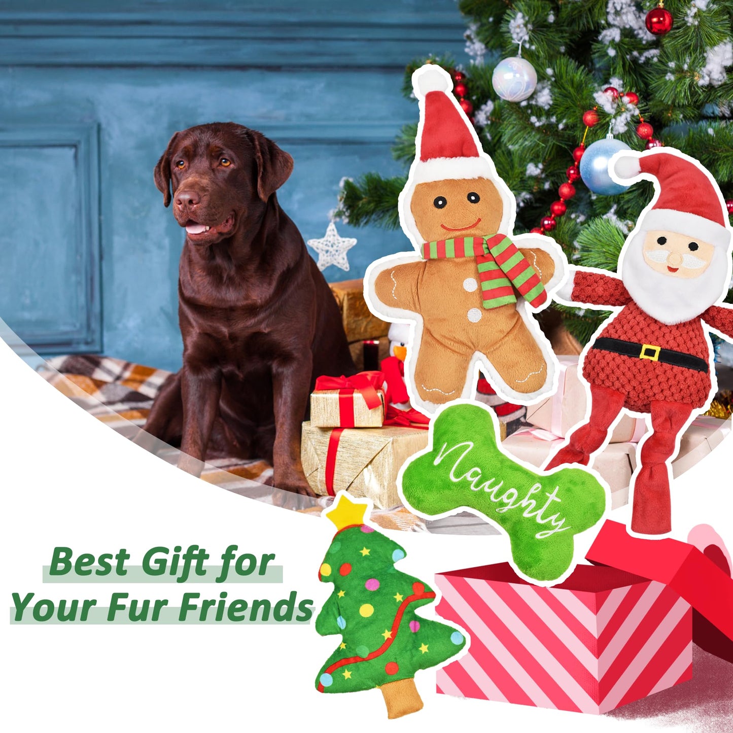 LECHONG Christmas Dog Toys, 4pcs Stuffed Dog Squeaky Toys for Toys
