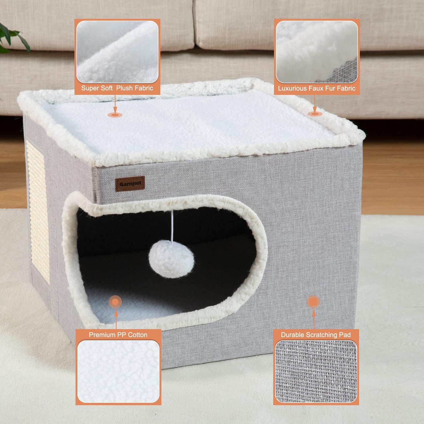 Garnpet Cat Bed for Indoor Cats Cube House, Covered Cat Cave Beds