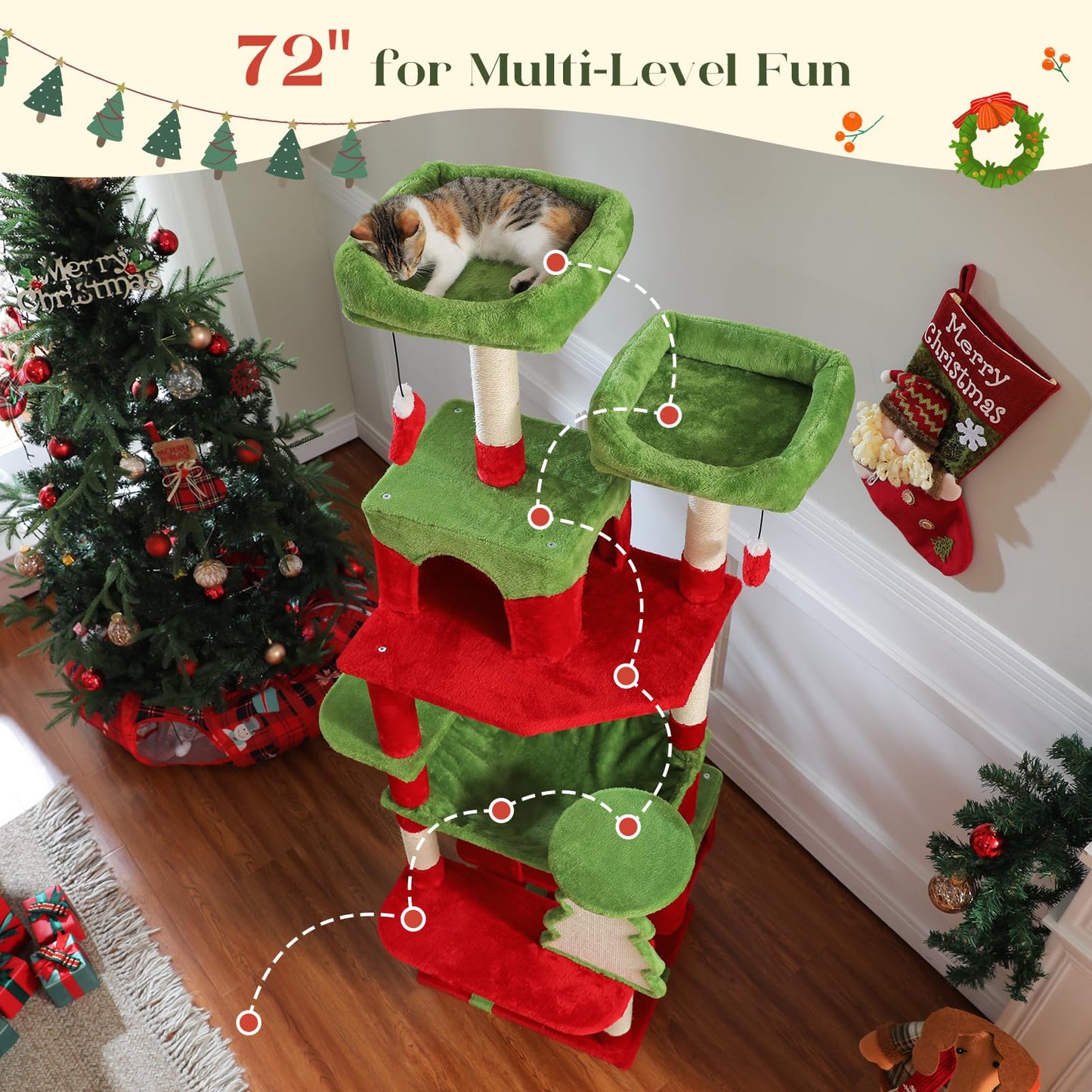 PAWZ Road Christmas Cat Tree, Tall Cat Tower with 2 Perches, 2 House