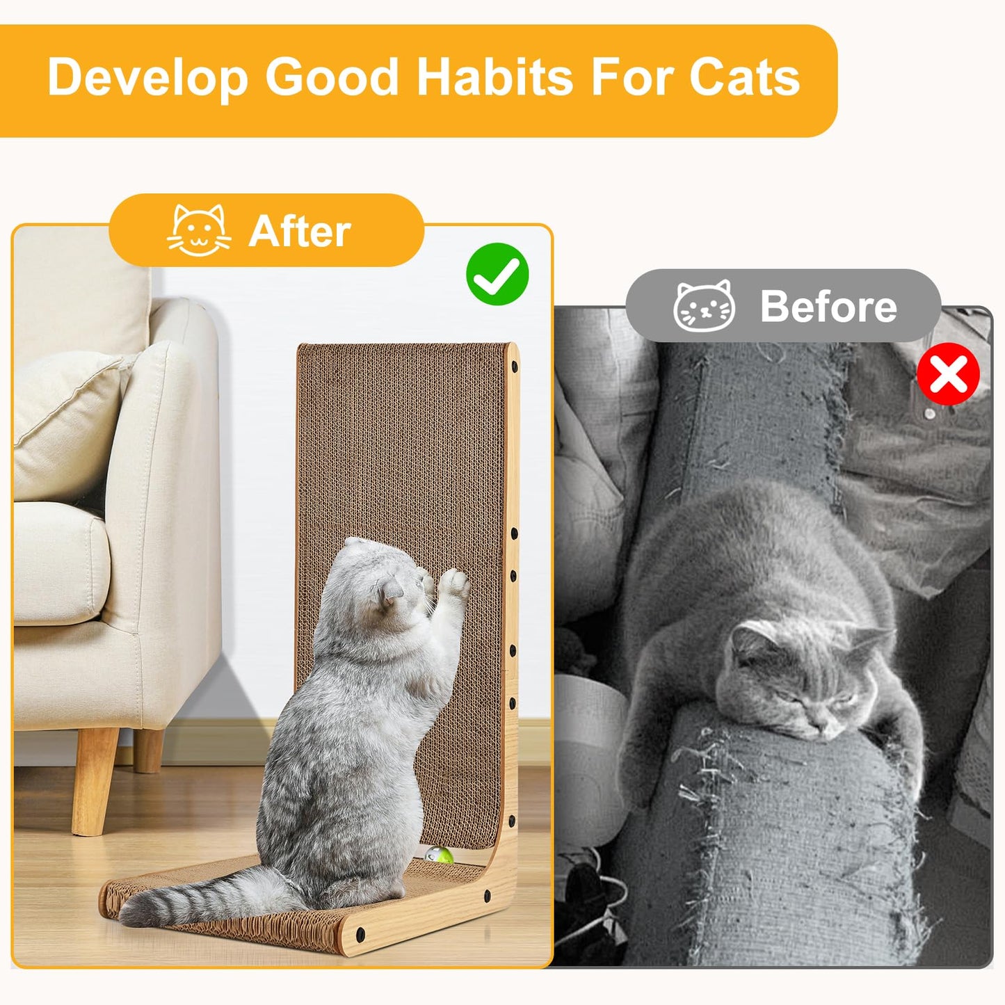 SOCATER Cat Scratcher L Shape Large, Cat Scratching Pad for Ball