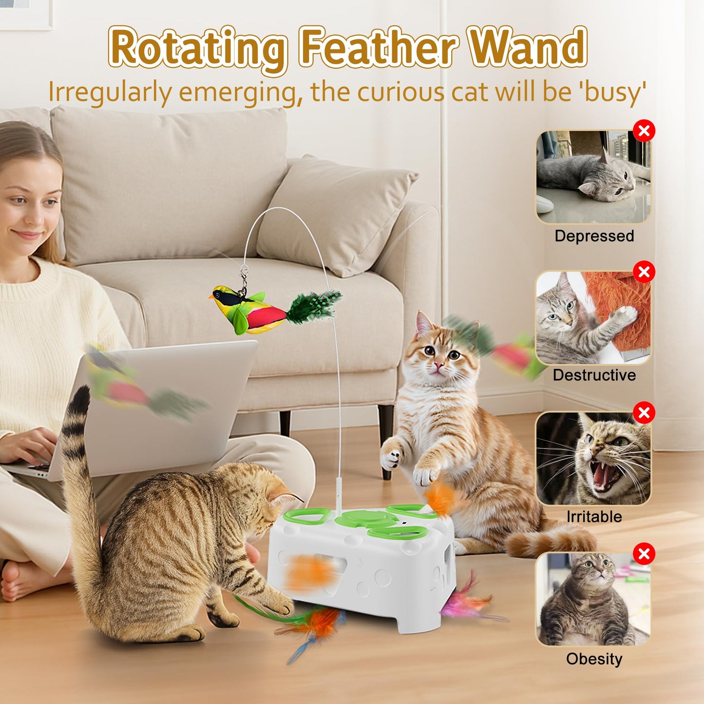 PANRIO 3-in-1 Interactive Cat Toys for Indoor Cats,Automatic Feather