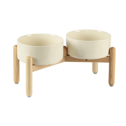 Havniva Ceramic Raised Double Bowls Set with Wooden Stand, Food Set