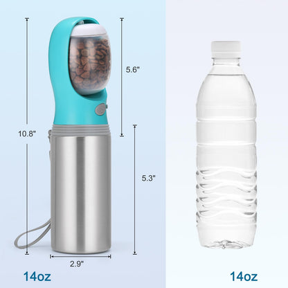 Portable Dog Water Bottle with Food Container, Stainless Dispenser