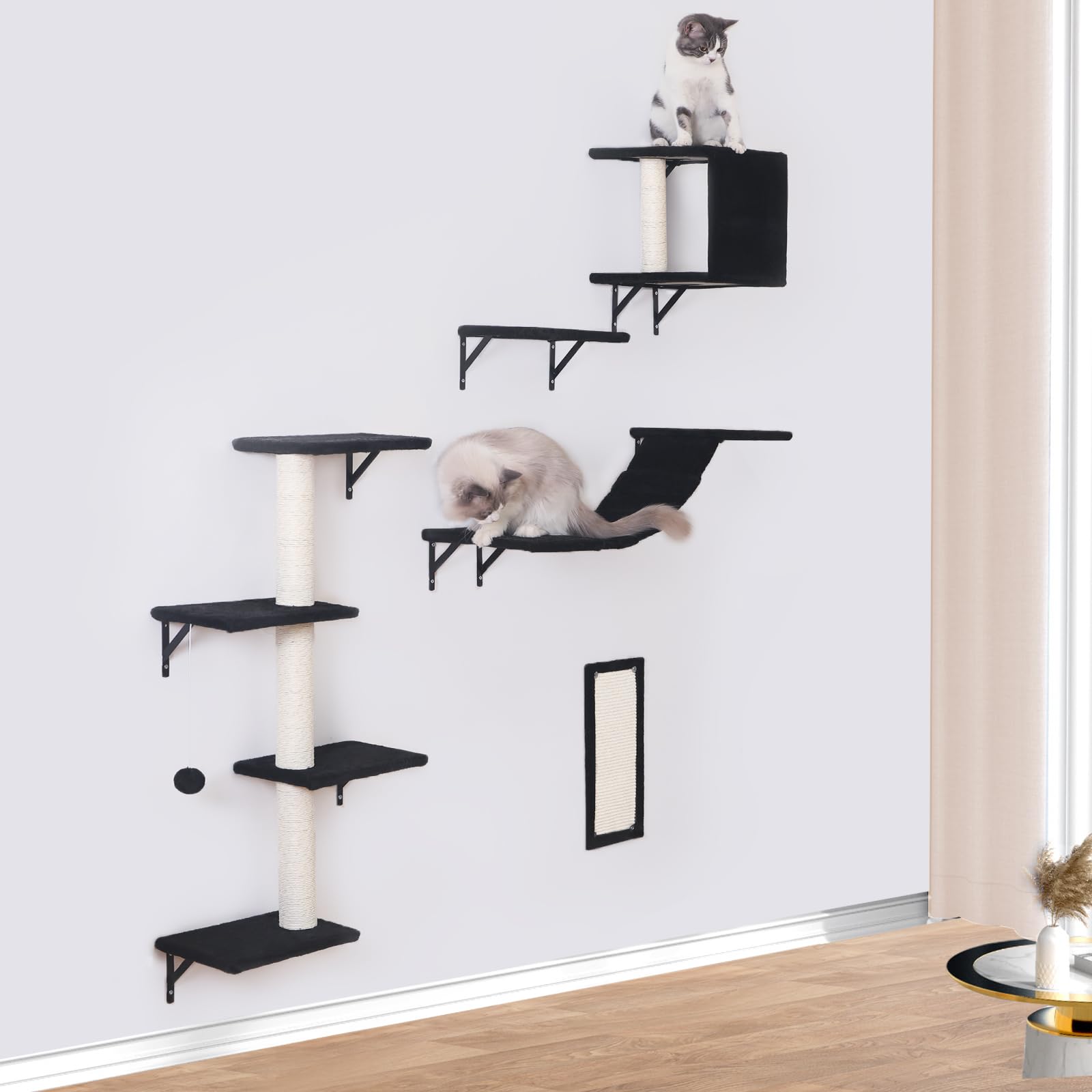 Modern Wall-Mounted Cat Furniture 5pcs Cat Wall Shelves, Wooden House