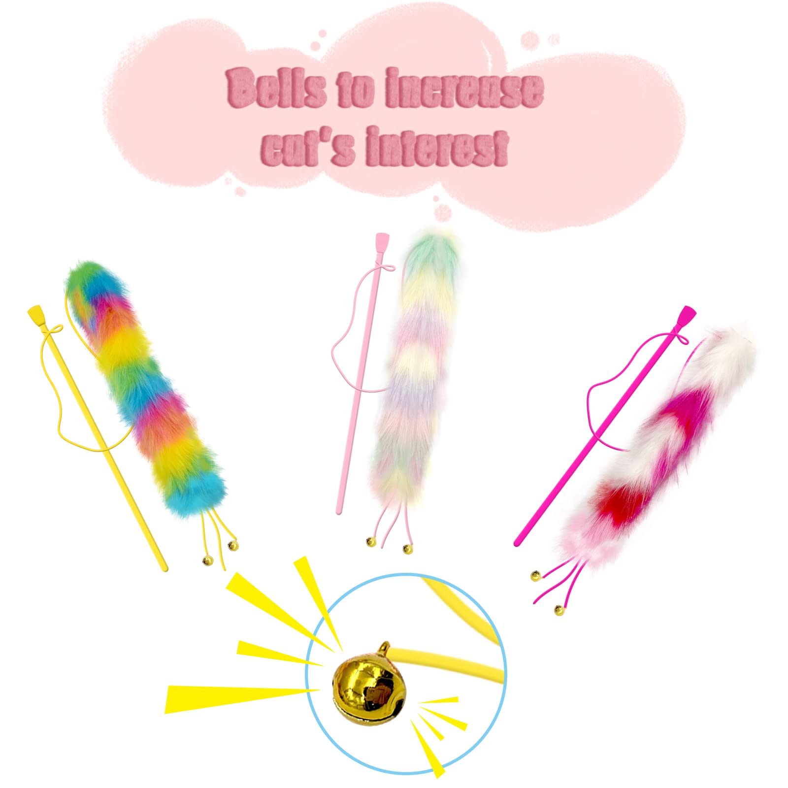 Lepawit 3 Pack Cat Wand Toy, Rainbow Cat Feather Toys with Bells Wand