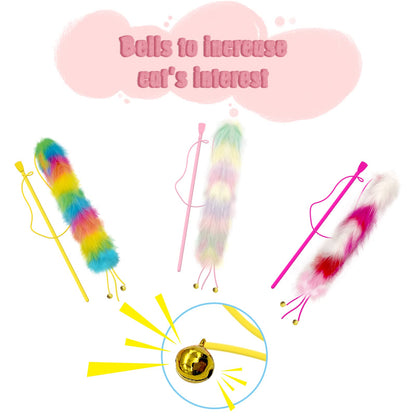 Lepawit 3 Pack Cat Wand Toy, Rainbow Cat Feather Toys with Bells Wand