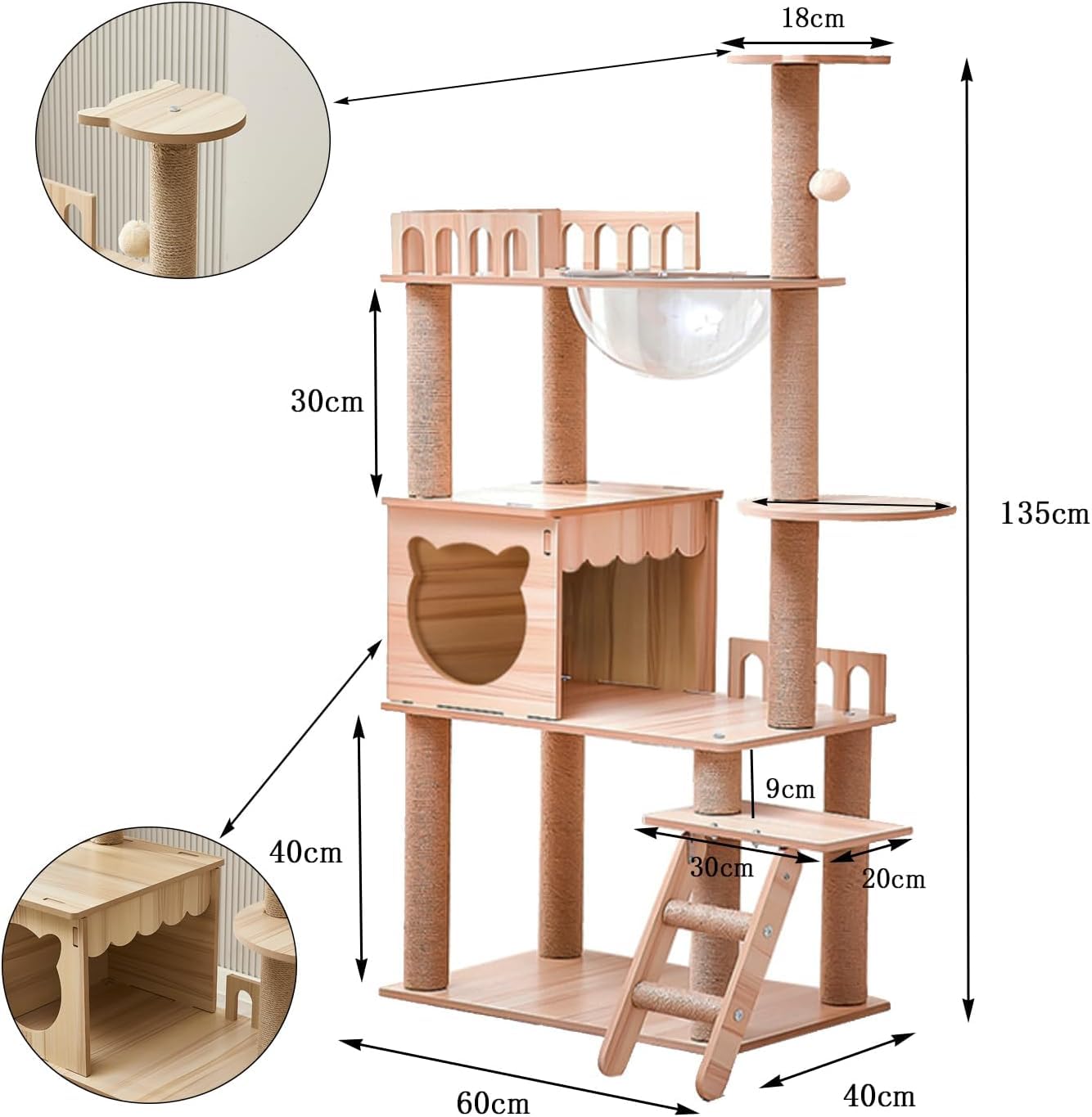 54-Inch Cat Tower,Multi-Level Pure Wood-Modern Cat Tree Tower Toy