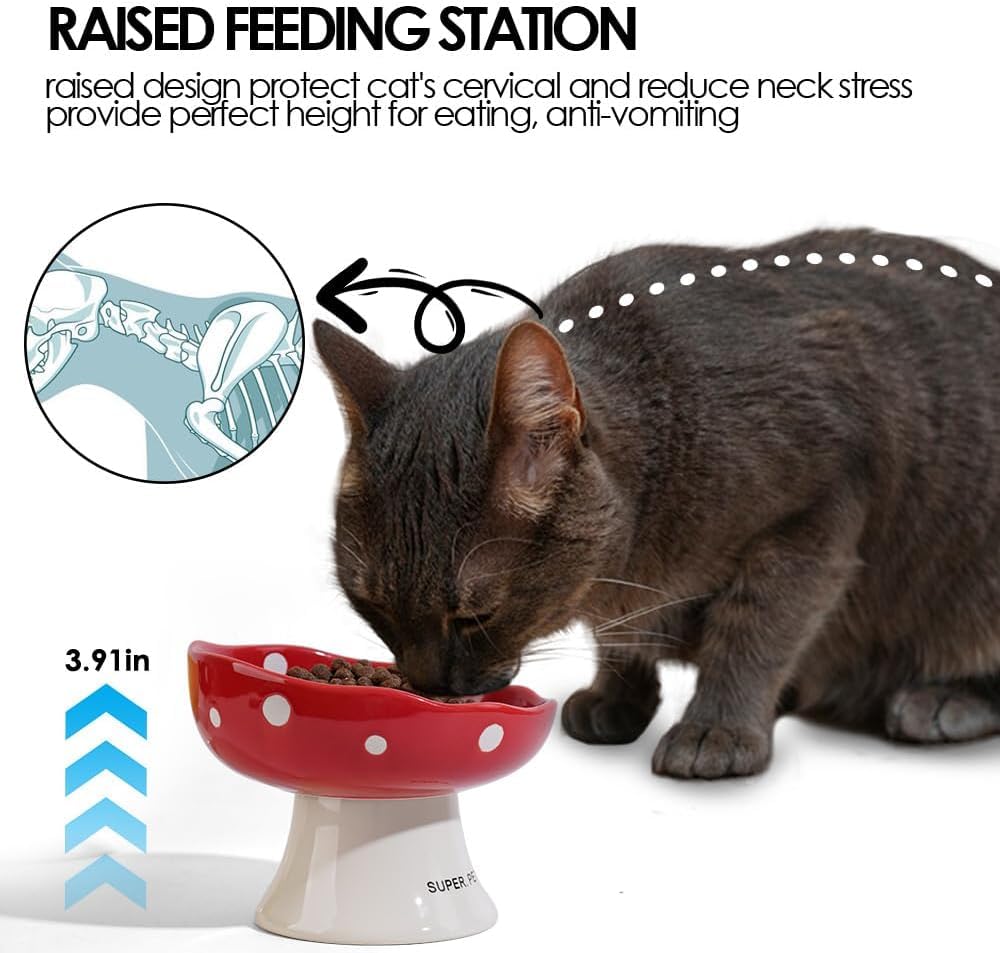 TRUNDISAN Ceramic Raised Cat Bowl, Mushroom Shaped Tilted Feeding Bowl