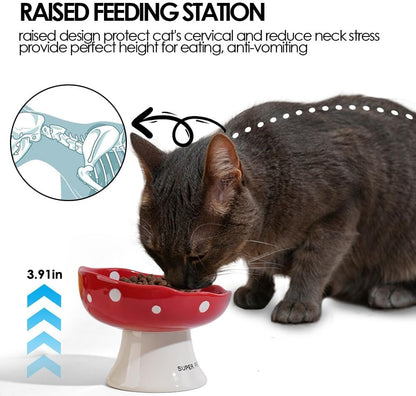 TRUNDISAN Ceramic Raised Cat Bowl, Mushroom Shaped Tilted Feeding Bowl
