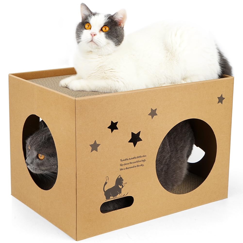 Cat Cardboard House with 2 PCS Scratching Pads，Large Cat House