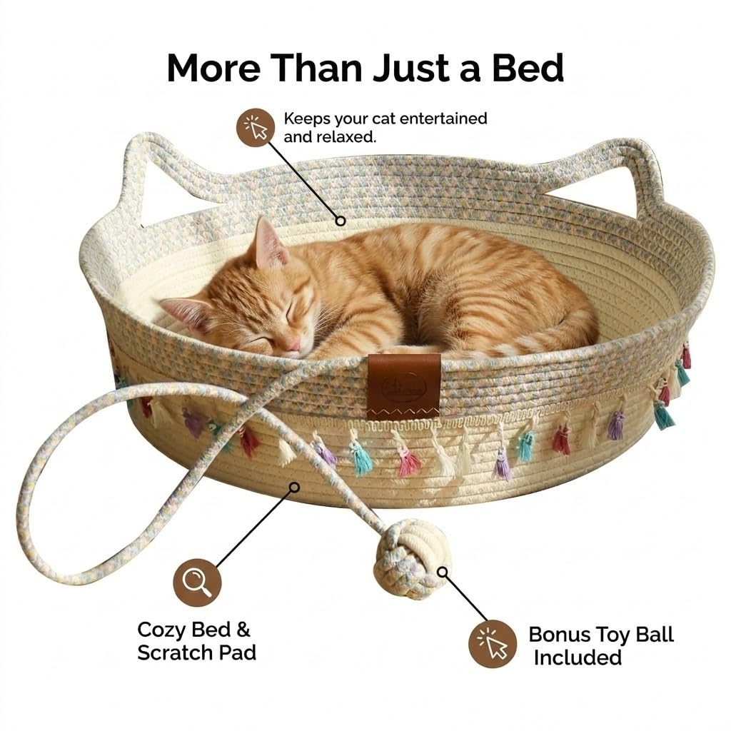 Pbed Large Cat Bed Basket Round Cotton Rope Woven,Cat Bed for Ball