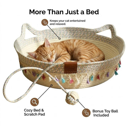 Pbed Large Cat Bed Basket Round Cotton Rope Woven,Cat Bed for Ball