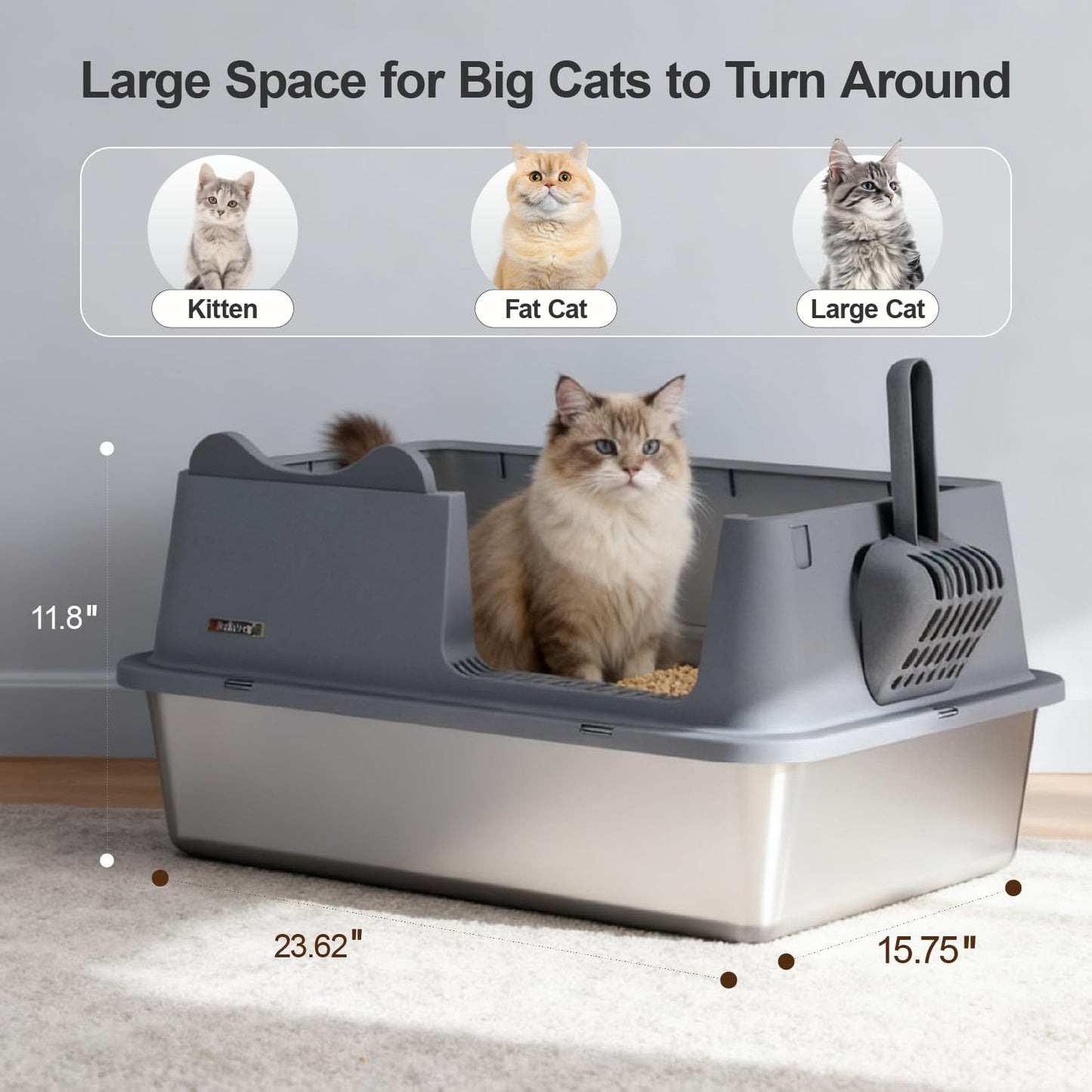 Stainless Steel Cat Litter Box, Open Top High-Sided Metal Litter Box