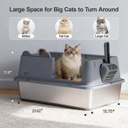 Stainless Steel Cat Litter Box, Open Top High-Sided Metal Litter Box