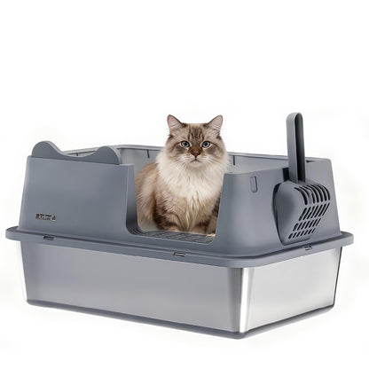 Stainless Steel Cat Litter Box, Open Top High-Sided Metal Litter Box