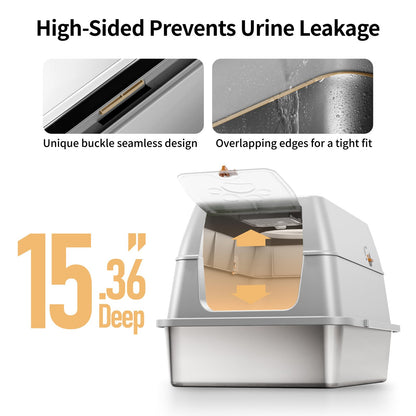 Eosarcu Stainless Steel Cat Litter Box with Lid, XL Large Enclosed Box