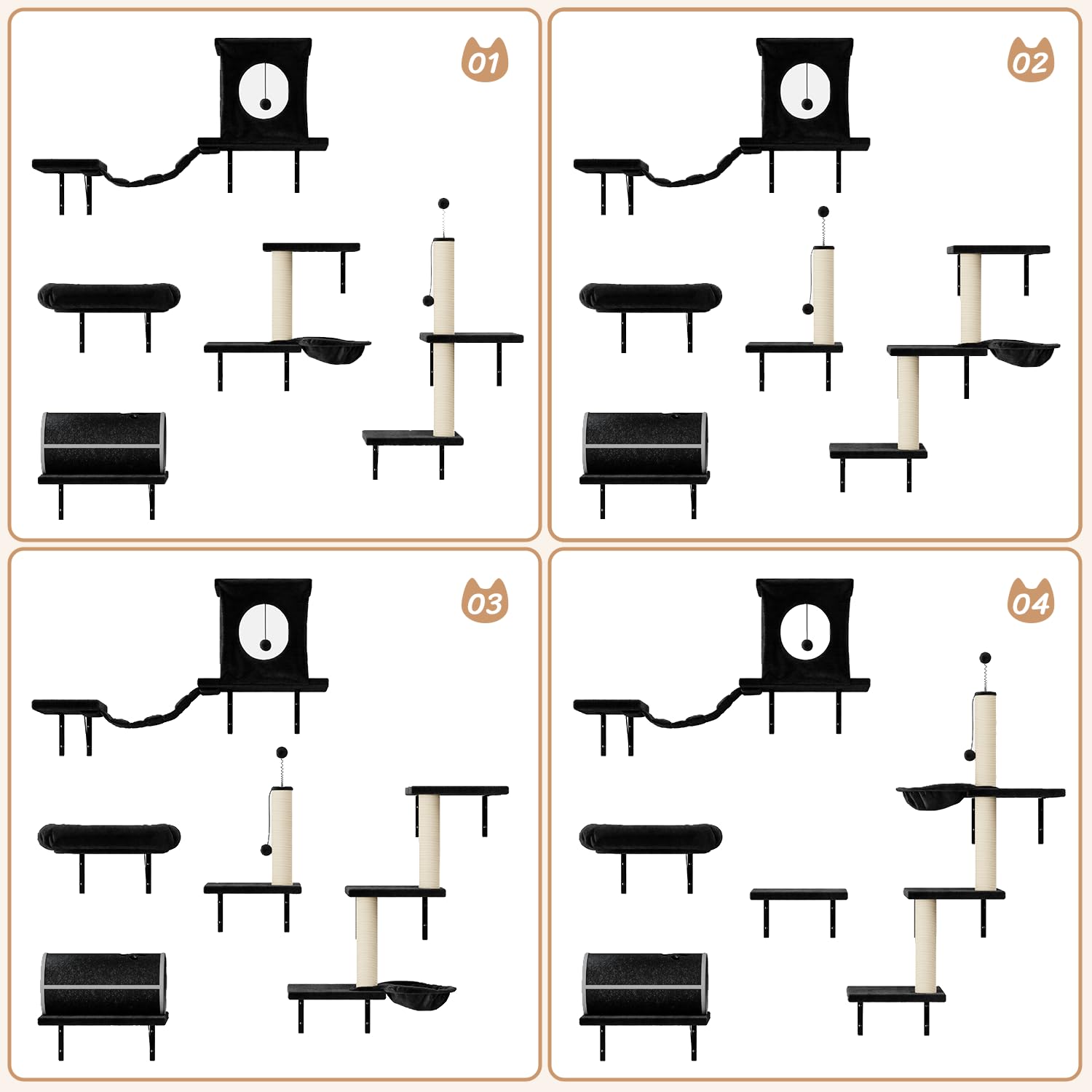 NUNU LAB 14-in-1 Cat Wall Shelves Set, Wall-Mounted Cat Climber House