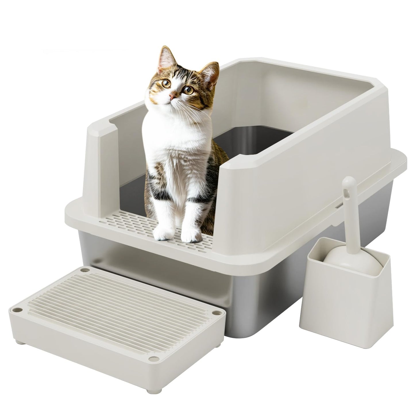 RIZZARI Open Cat Litter Box: Large Stainless Steel Litter Pan Litter