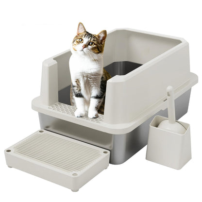 RIZZARI Open Cat Litter Box: Large Stainless Steel Litter Pan Litter