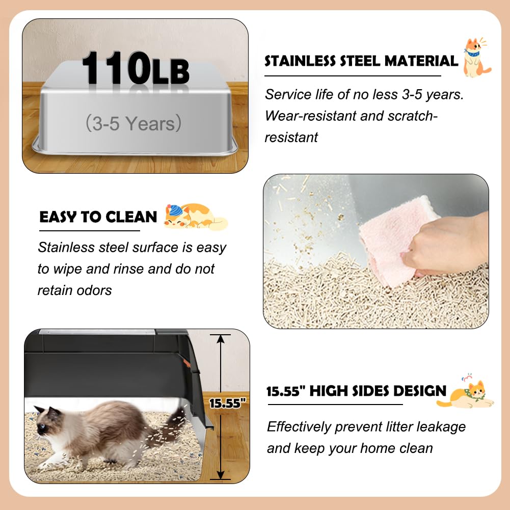 Vivifying Stainless Steel Litter Box, XL Side Entry Extra Large Litter