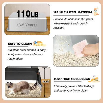 Vivifying Stainless Steel Litter Box, XL Side Entry Extra Large Litter