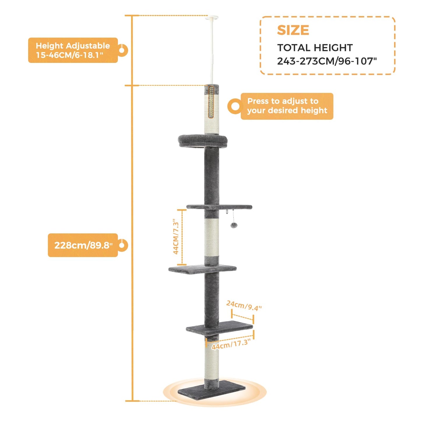 PETEPELA Cat Tower 5-Tier Floor to Ceiling Cat Tree Height(95