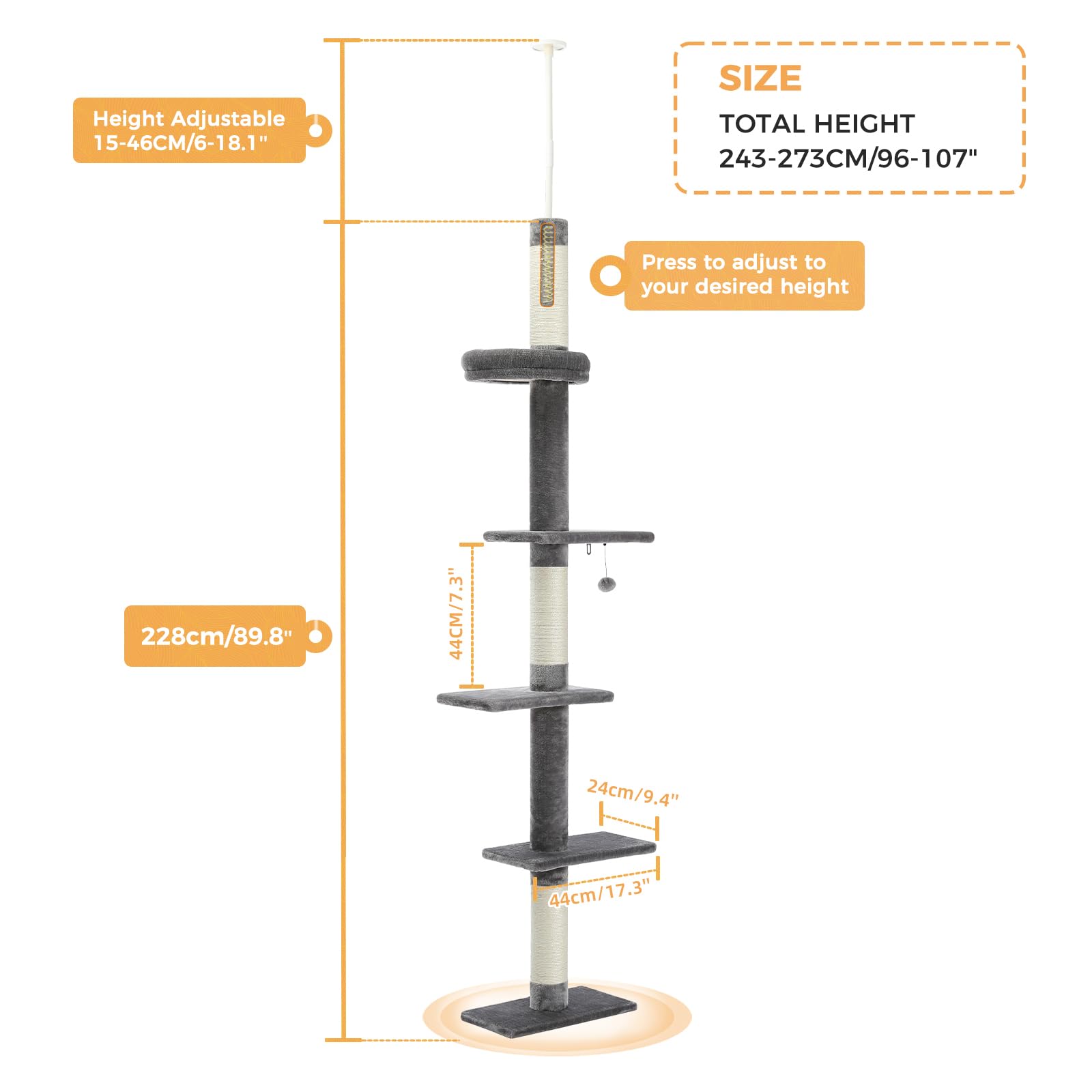 PETEPELA Cat Tower 5-Tier Floor to Ceiling Cat Tree Height(95