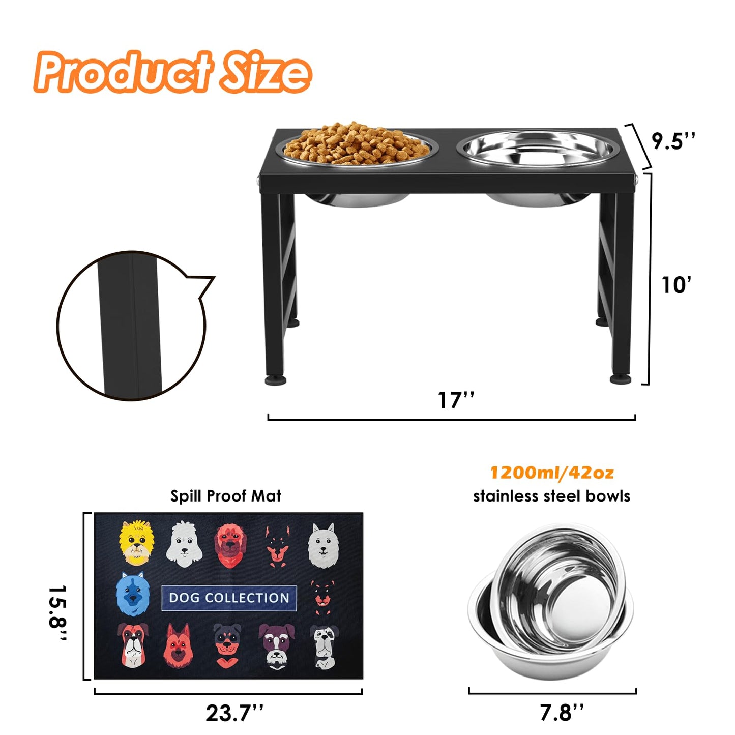 ADENGL Metal Raised Dog Bowl, 10" Tall Elevate Dog Feeder Stand Mat
