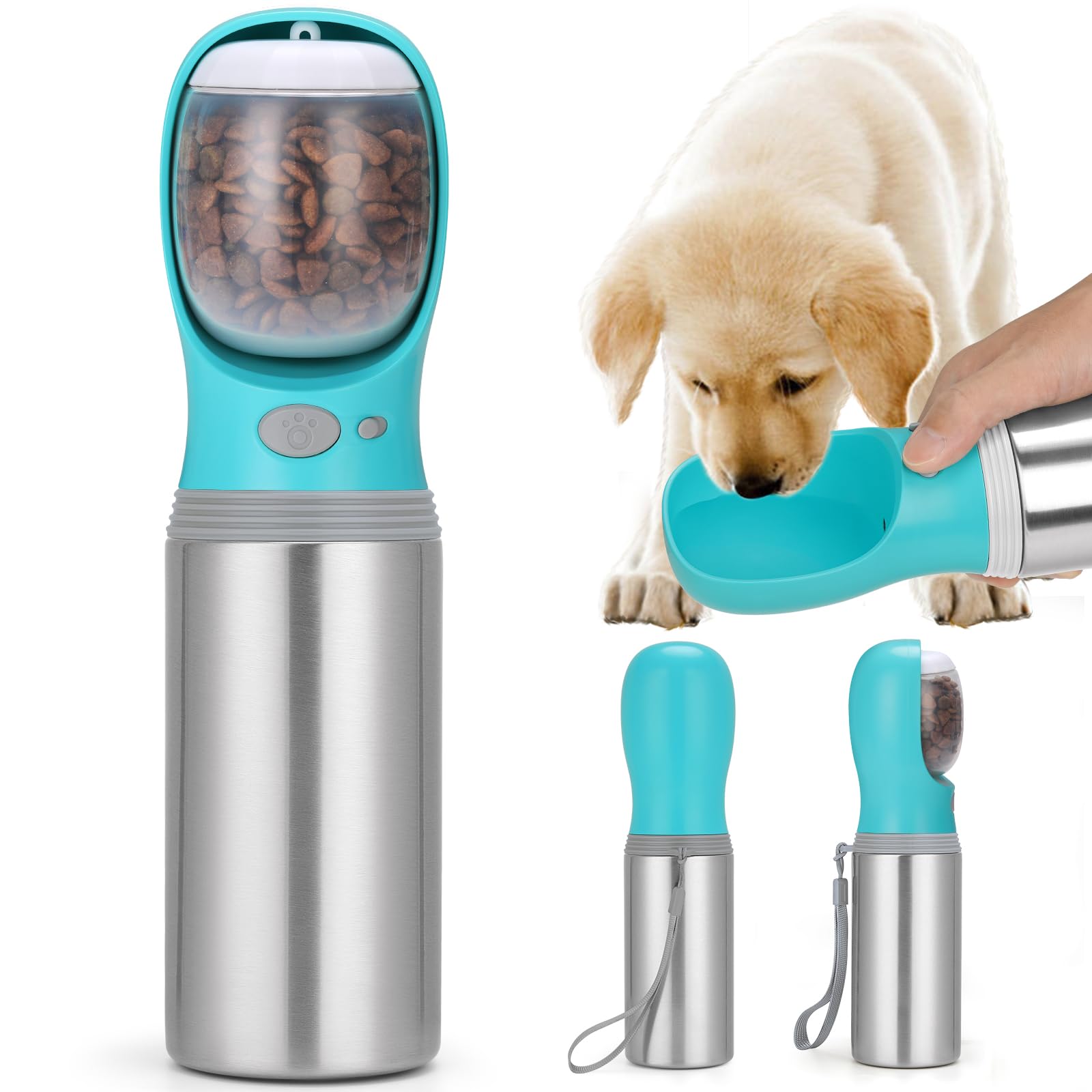Portable Dog Water Bottle with Food Container, Stainless Dispenser
