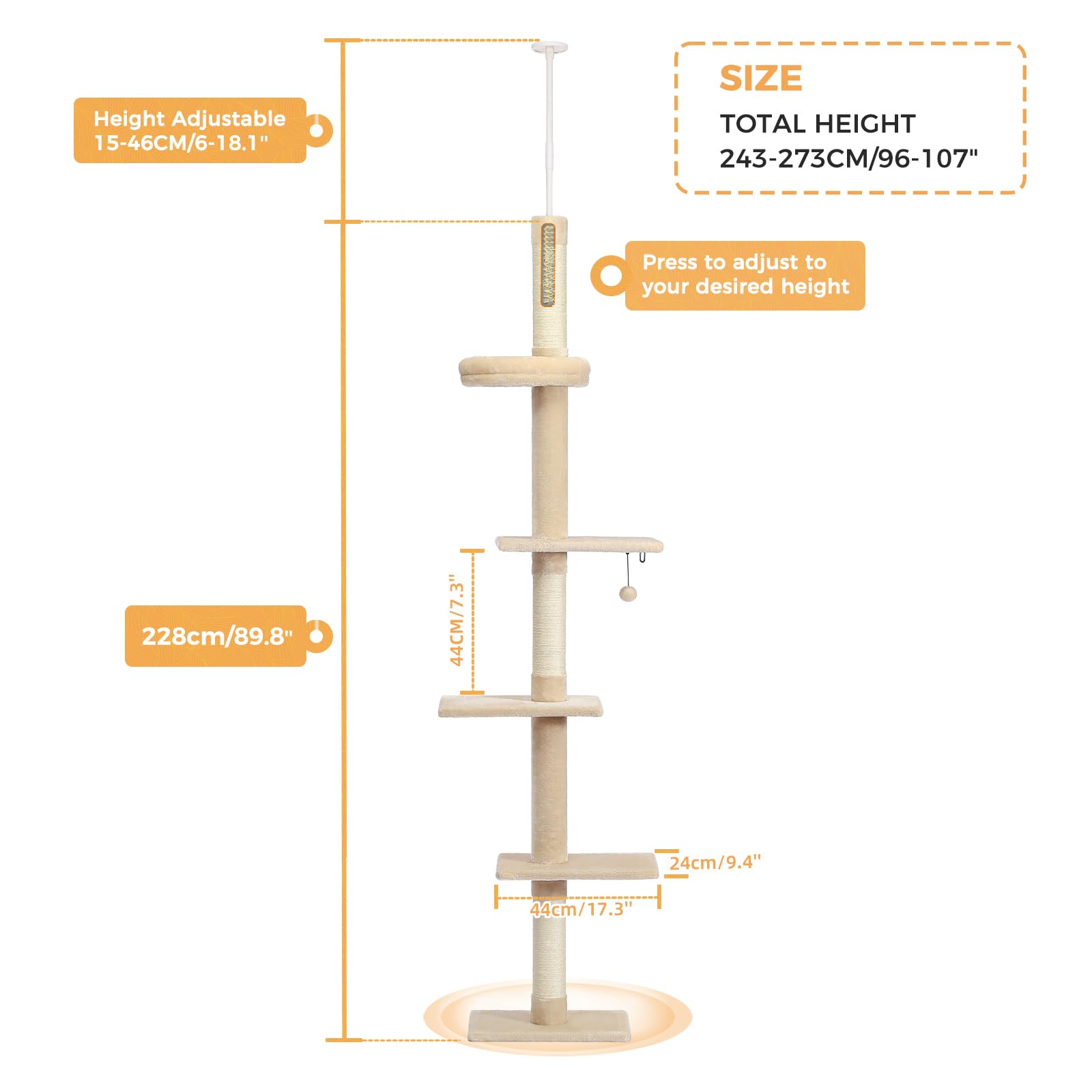 PETEPELA Floor to Ceiling Cat Tree, Cat Tower 5-Tier Height(95