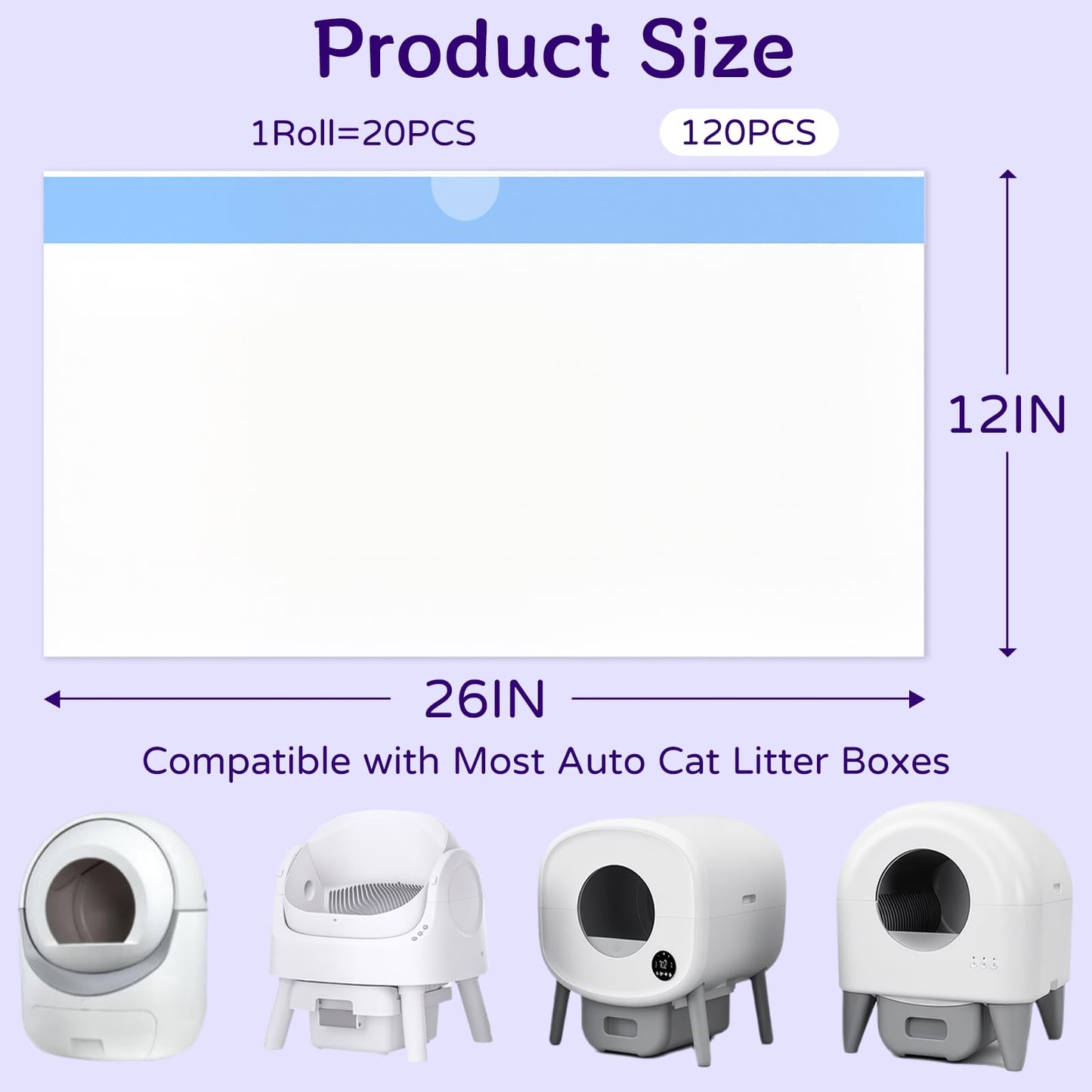 120 Count 26" x 11.8" Automatic Cat Litter Box Bags Compatible Box